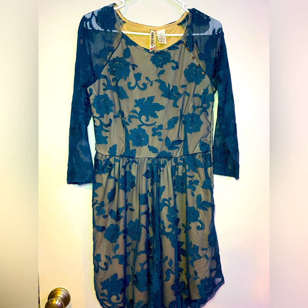 Teal lace dress with nude liner